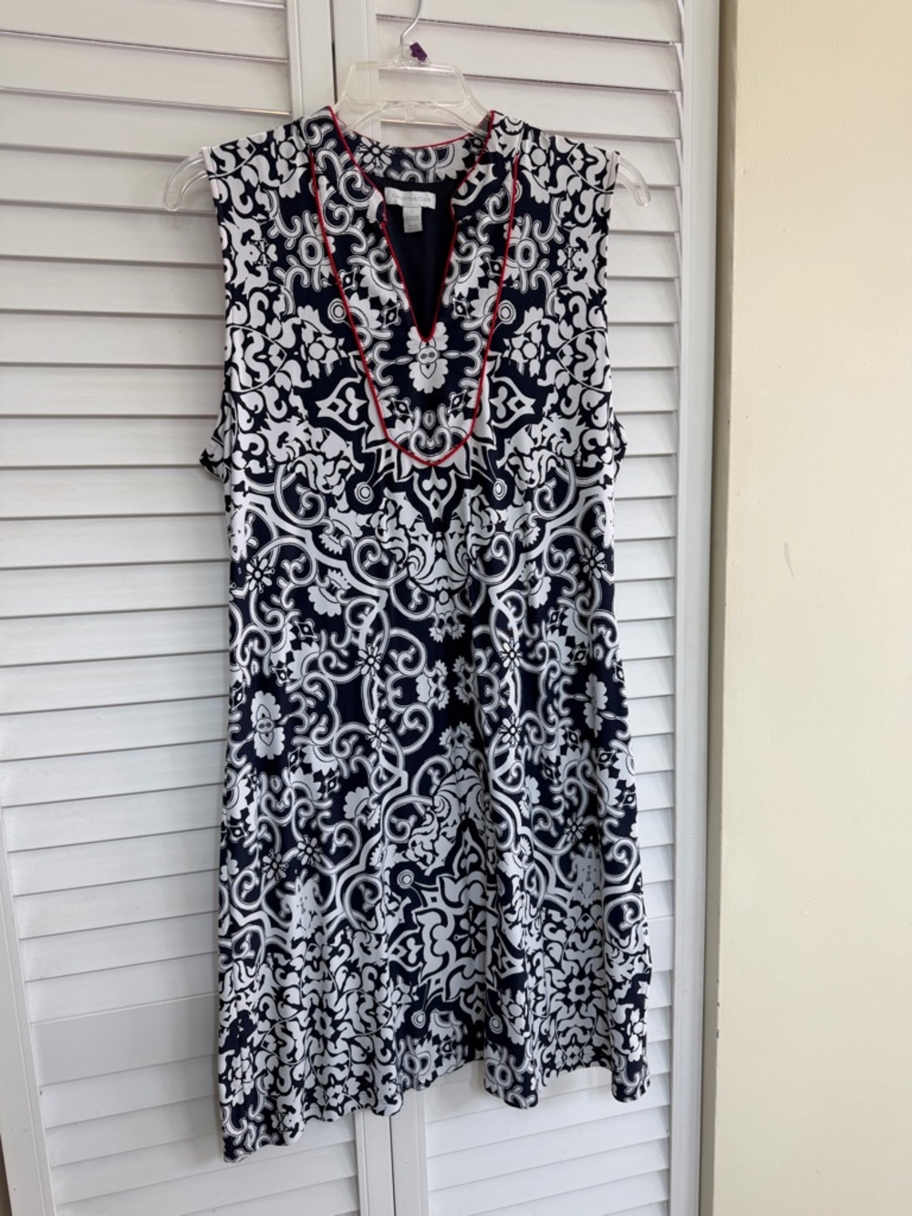 Charter Club Navy and White Printed Dress with Red Piping